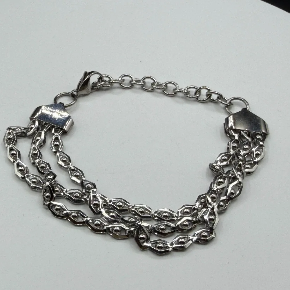 Stainless Steel Geometric Link Necklace Triple Strand Bracelet Set Statement Y2K